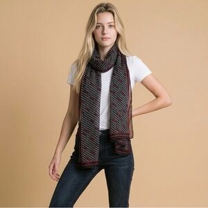 Dkny Black & Burgundy Geometric Long Scarf